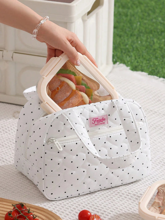 1pc Polka Dot & Bow Print Soft Fluffy Insulated Lunch Bag, Large Capacity Multi-Pocket Portable Bento Bag, Commute School Picnic Thermal Handbag, Fashionable Highly Attractive College Style, Cute Food