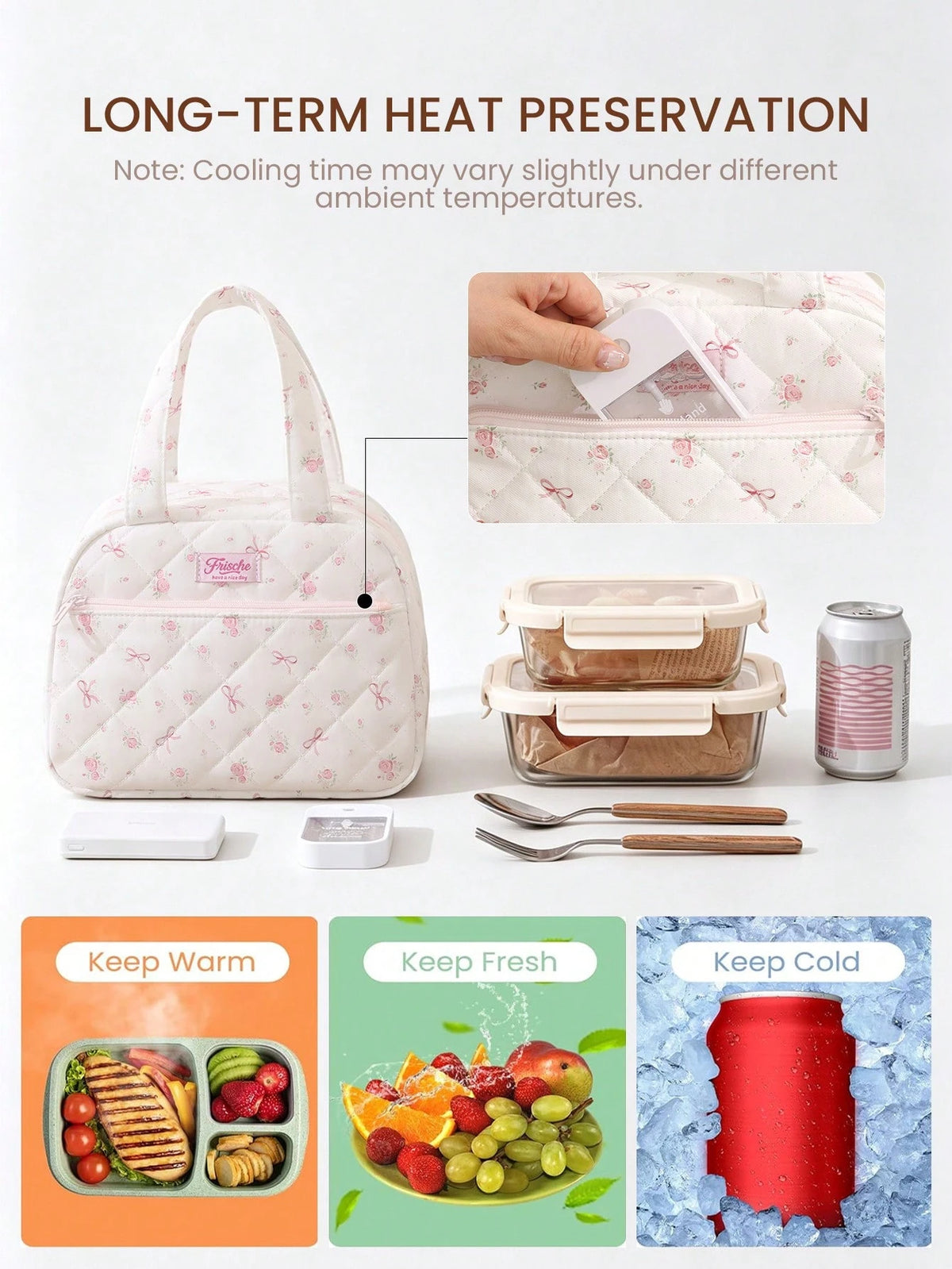 1pc Polka Dot & Bow Print Soft Fluffy Insulated Lunch Bag, Large Capacity Multi-Pocket Portable Bento Bag, Commute School Picnic Thermal Handbag, Fashionable Highly Attractive College Style, Cute Food
