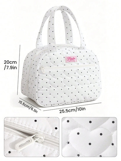1pc Polka Dot & Bow Print Soft Fluffy Insulated Lunch Bag, Large Capacity Multi-Pocket Portable Bento Bag, Commute School Picnic Thermal Handbag, Fashionable Highly Attractive College Style, Cute Food