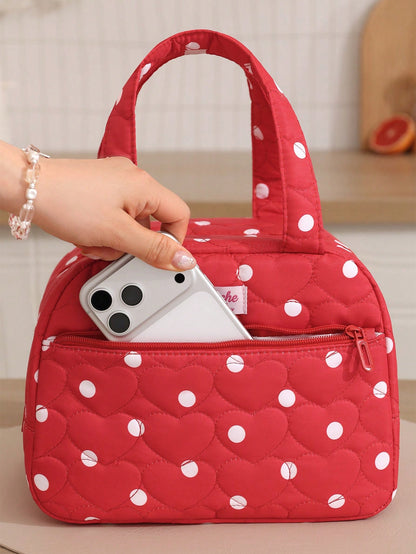 1pc Polka Dot & Bow Print Soft Fluffy Insulated Lunch Bag, Large Capacity Multi-Pocket Portable Bento Bag, Commute School Picnic Thermal Handbag, Fashionable Highly Attractive College Style, Cute Food