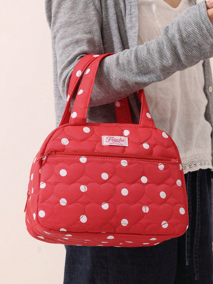 1pc Polka Dot & Bow Print Soft Fluffy Insulated Lunch Bag, Large Capacity Multi-Pocket Portable Bento Bag, Commute School Picnic Thermal Handbag, Fashionable Highly Attractive College Style, Cute Food