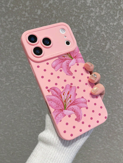 1pc Polka Dot Lily Print Pink Phone Case, Full Lens Protection Anti-Drop Matte TPU Soft Shell Compatible With IPhone Case & Galaxy Case, Fits 17/17 Pro/17 Pro Max, Galaxy S24 Ultra/S25 Ultra/S26 Ultra