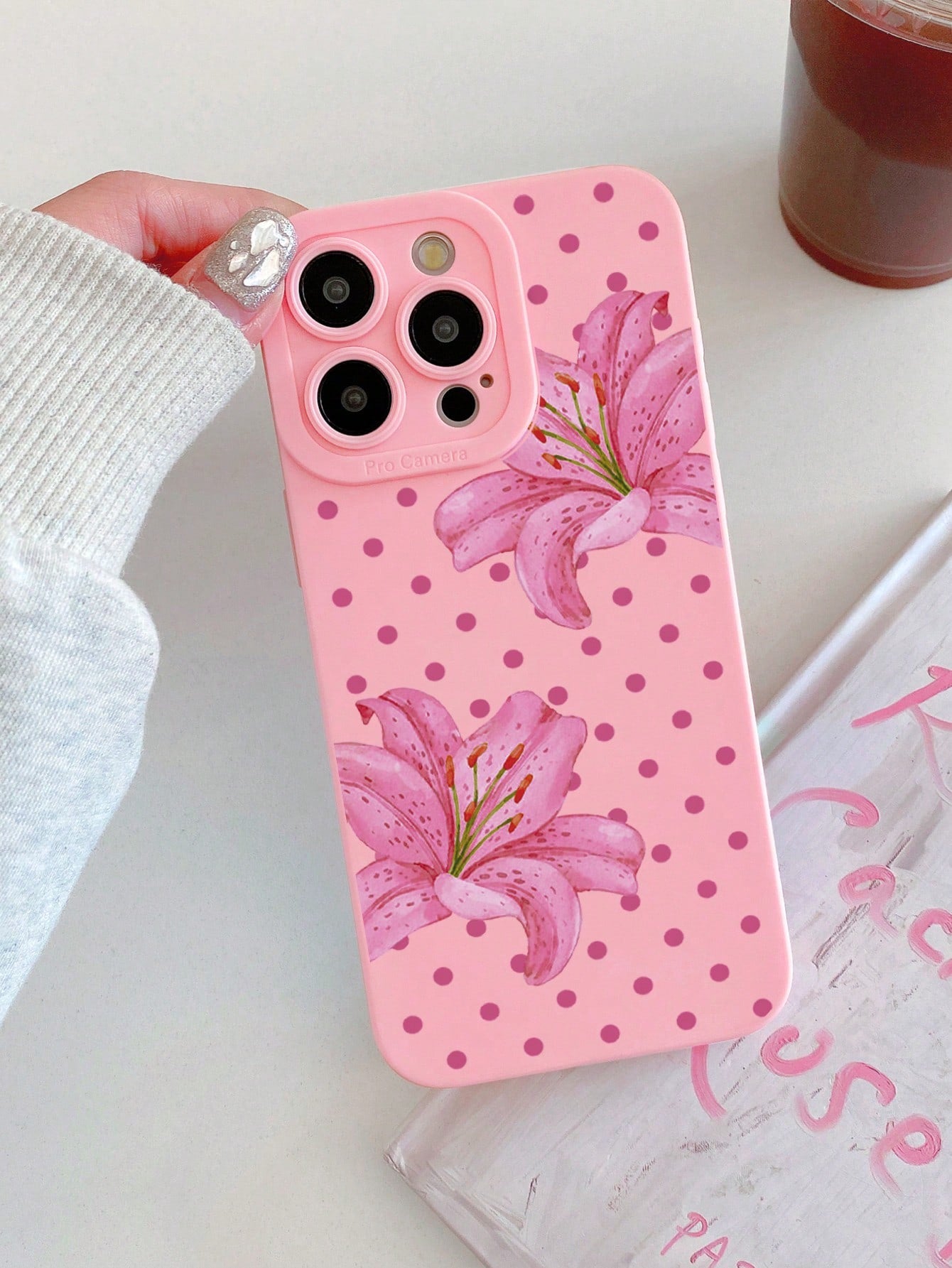 1pc Polka Dot Lily Print Pink Phone Case, Full Lens Protection Anti-Drop Matte TPU Soft Shell Compatible With IPhone Case & Galaxy Case, Fits 17/17 Pro/17 Pro Max, Galaxy S24 Ultra/S25 Ultra/S26 Ultra