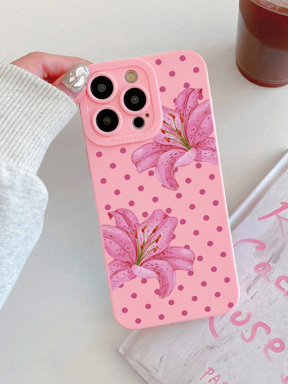 1pc Polka Dot Lily Print Pink Phone Case, Full Lens Protection Anti-Drop Matte TPU Soft Shell Compatible With IPhone Case & Galaxy Case, Fits 17/17 Pro/17 Pro Max, Galaxy S24 Ultra/S25 Ultra/S26 Ultra