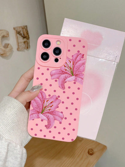 1pc Polka Dot Lily Print Pink Phone Case, Full Lens Protection Anti-Drop Matte TPU Soft Shell Compatible With IPhone Case & Galaxy Case, Fits 17/17 Pro/17 Pro Max, Galaxy S24 Ultra/S25 Ultra/S26 Ultra