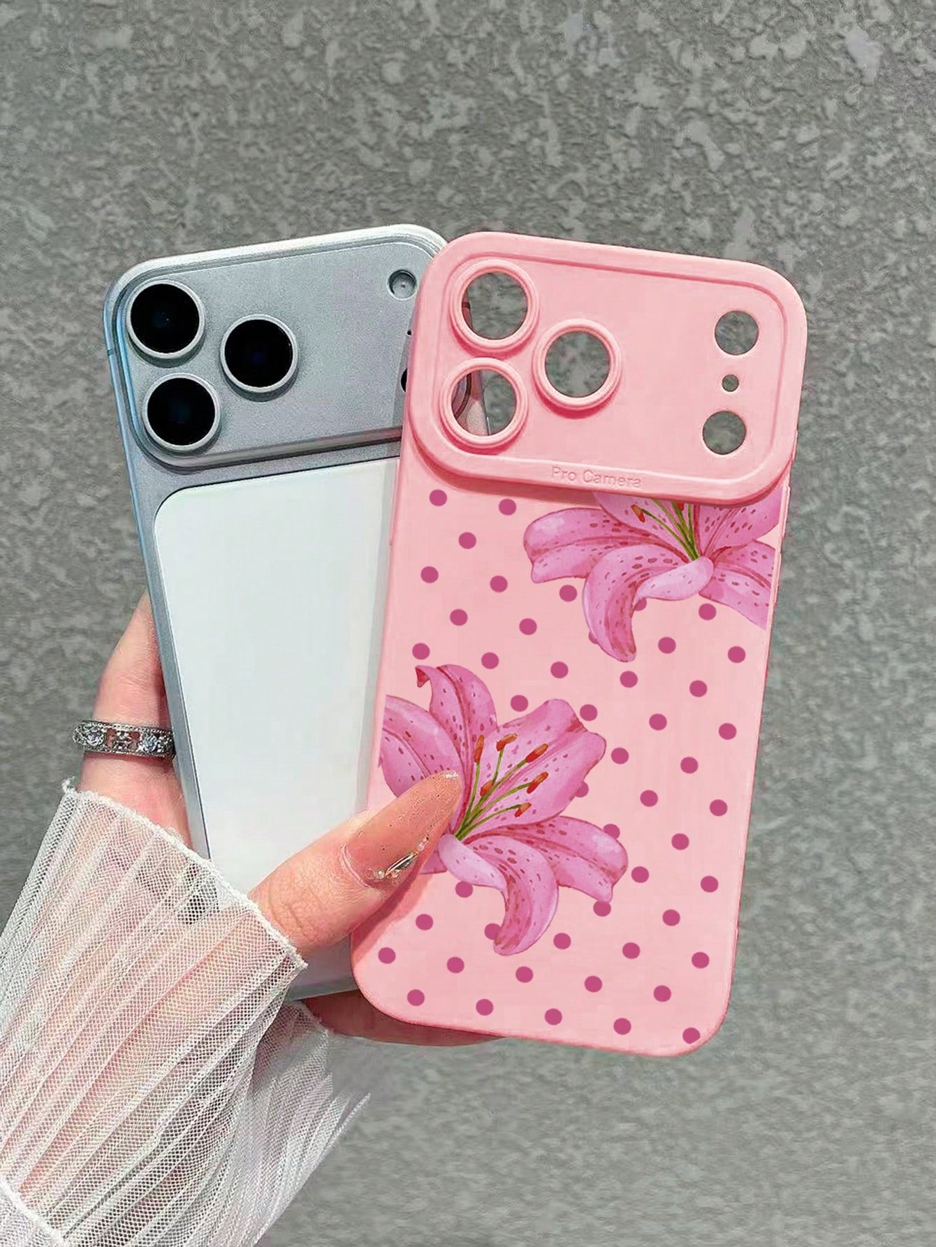1pc Polka Dot Lily Print Pink Phone Case, Full Lens Protection Anti-Drop Matte TPU Soft Shell Compatible With IPhone Case & Galaxy Case, Fits 17/17 Pro/17 Pro Max, Galaxy S24 Ultra/S25 Ultra/S26 Ultra