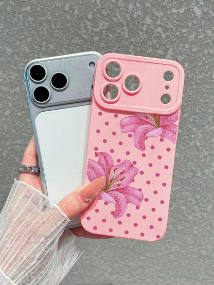 1pc Polka Dot Lily Print Pink Phone Case, Full Lens Protection Anti-Drop Matte TPU Soft Shell Compatible With IPhone Case & Galaxy Case, Fits 17/17 Pro/17 Pro Max, Galaxy S24 Ultra/S25 Ultra/S26 Ultra