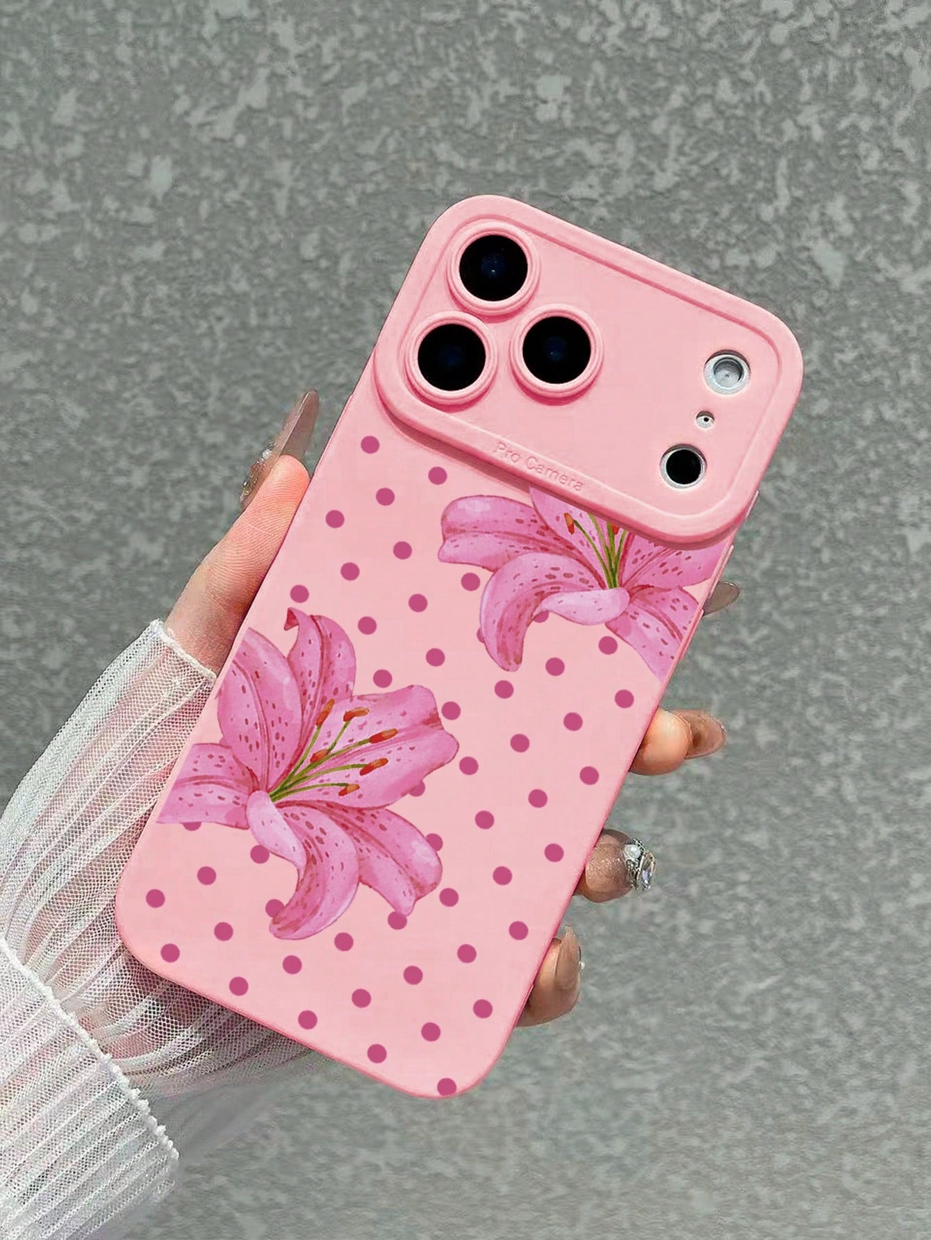 1pc Polka Dot Lily Print Pink Phone Case, Full Lens Protection Anti-Drop Matte TPU Soft Shell Compatible With IPhone Case & Galaxy Case, Fits 17/17 Pro/17 Pro Max, Galaxy S24 Ultra/S25 Ultra/S26 Ultra