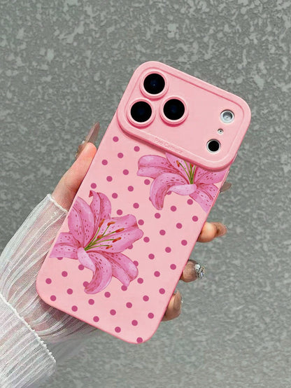 1pc Polka Dot Lily Print Pink Phone Case, Full Lens Protection Anti-Drop Matte TPU Soft Shell Compatible With IPhone Case & Galaxy Case, Fits 17/17 Pro/17 Pro Max, Galaxy S24 Ultra/S25 Ultra/S26 Ultra