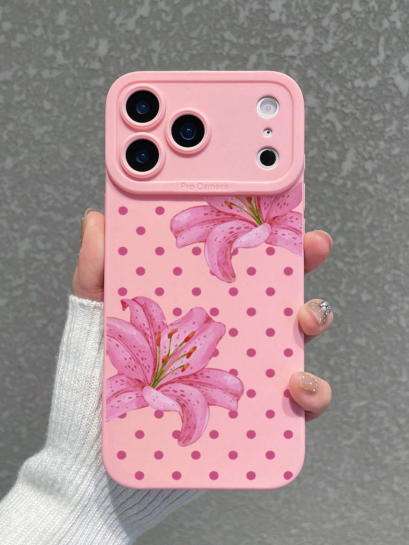 1pc Polka Dot Lily Print Pink Phone Case, Full Lens Protection Anti-Drop Matte TPU Soft Shell Compatible With IPhone Case & Galaxy Case, Fits 17/17 Pro/17 Pro Max, Galaxy S24 Ultra/S25 Ultra/S26 Ultra