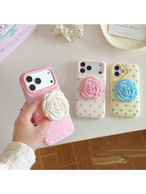 1pc Polka Dot Rose Flower Stand Shockproof Phone Case Compatible With IPhone 12 Pro Max/13/13 Pro/13 Pro Max/14/14 Pro/14 Pro Max/15/15 Pro/15 Pro Max/16/16 Pro/16 Pro Max/17/17 Pro/17 Pro Max