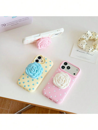 1pc Polka Dot Rose Flower Stand Shockproof Phone Case Compatible With IPhone 12 Pro Max/13/13 Pro/13 Pro Max/14/14 Pro/14 Pro Max/15/15 Pro/15 Pro Max/16/16 Pro/16 Pro Max/17/17 Pro/17 Pro Max