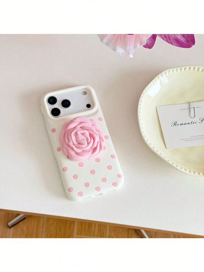 1pc Polka Dot Rose Flower Stand Shockproof Phone Case Compatible With IPhone 12 Pro Max/13/13 Pro/13 Pro Max/14/14 Pro/14 Pro Max/15/15 Pro/15 Pro Max/16/16 Pro/16 Pro Max/17/17 Pro/17 Pro Max