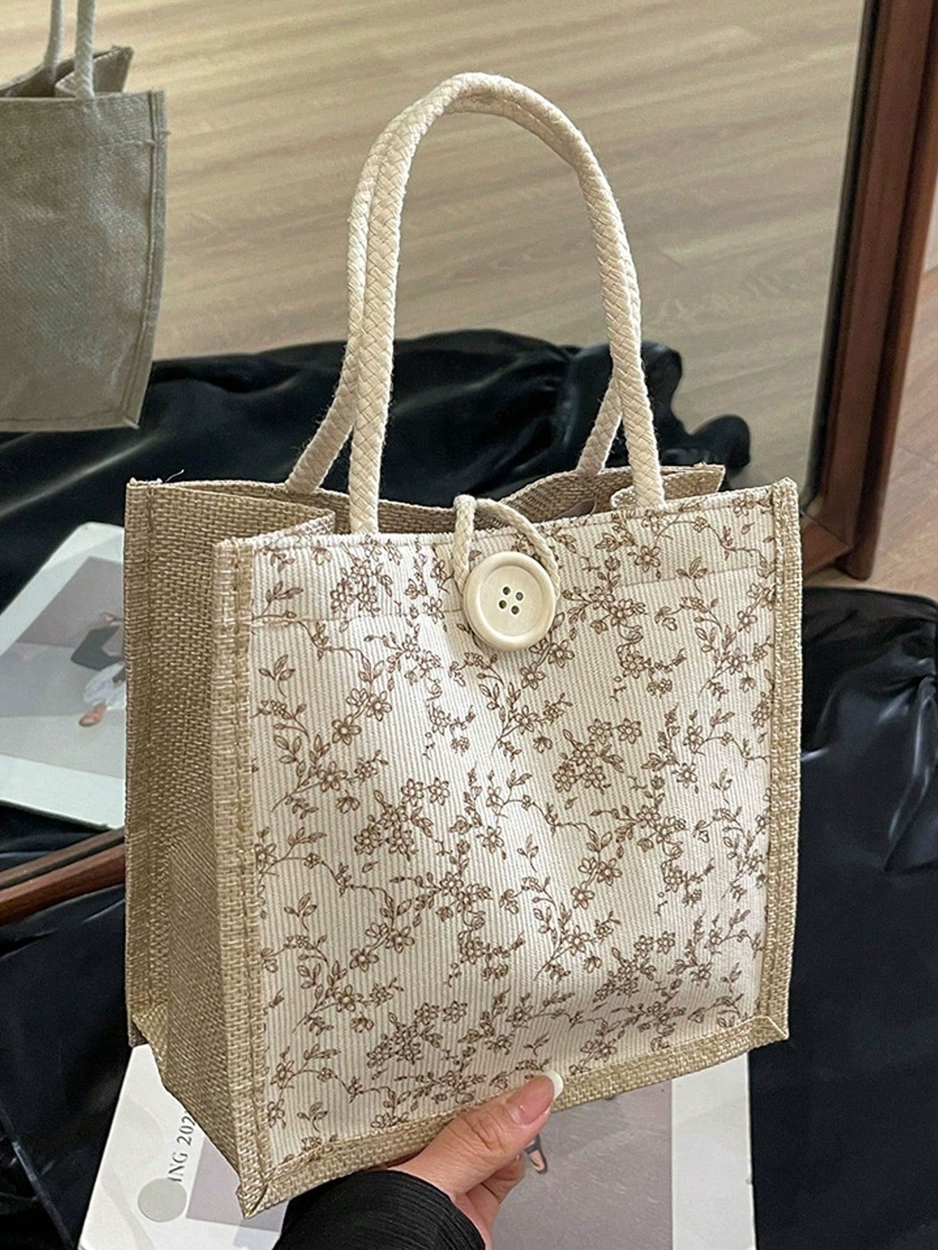 1pc Printed Linen Tote Bag, Bridesmaid Handbag, Cosmetic Bag, Large Capacity Travel Makeup Bag, Multi-Functional Portable Teacher's Tote Bag, Women's Gift, Teacher's Day Gift, Portable Casual Storage