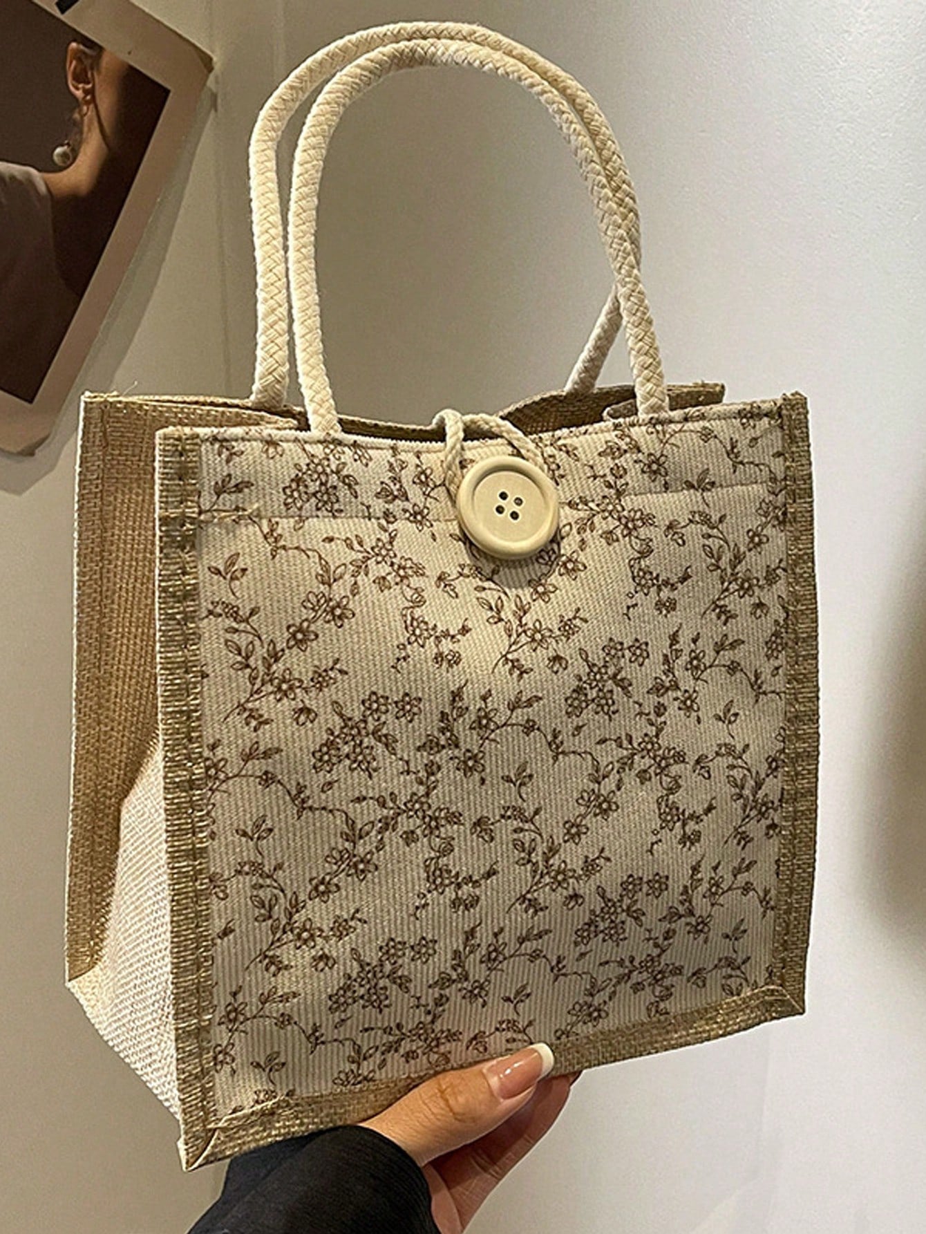 1pc Printed Linen Tote Bag, Bridesmaid Handbag, Cosmetic Bag, Large Capacity Travel Makeup Bag, Multi-Functional Portable Teacher's Tote Bag, Women's Gift, Teacher's Day Gift, Portable Casual Storage