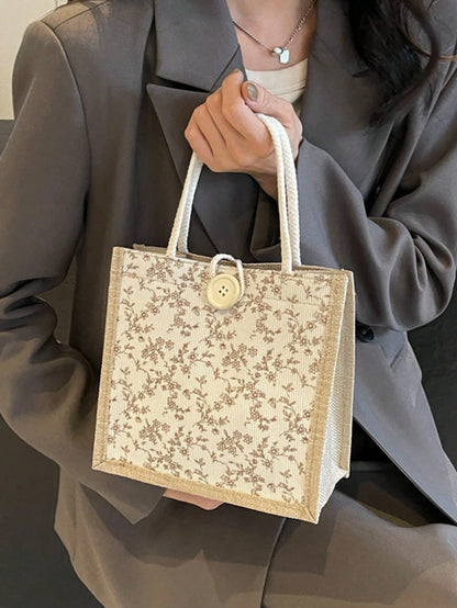 1pc Printed Linen Tote Bag, Bridesmaid Handbag, Cosmetic Bag, Large Capacity Travel Makeup Bag, Multi-Functional Portable Teacher's Tote Bag, Women's Gift, Teacher's Day Gift, Portable Casual Storage