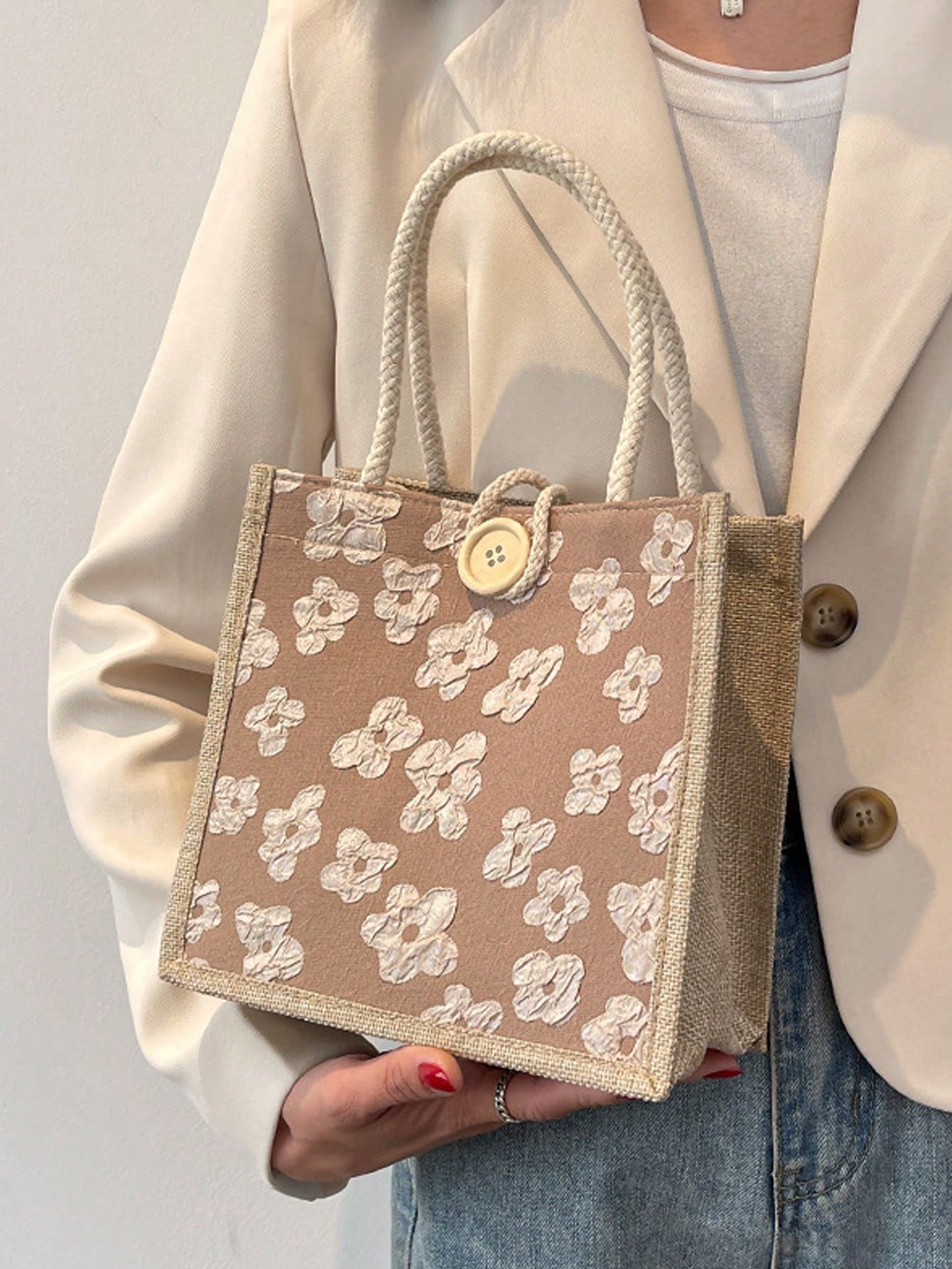 1pc Printed Linen Tote Bag, Bridesmaid Handbag, Cosmetic Bag, Large Capacity Travel Makeup Bag, Multi-Functional Portable Teacher's Tote Bag, Women's Gift, Teacher's Day Gift, Portable Casual Storage