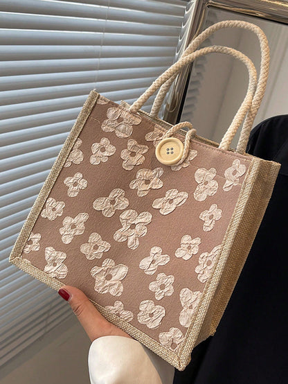 1pc Printed Linen Tote Bag, Bridesmaid Handbag, Cosmetic Bag, Large Capacity Travel Makeup Bag, Multi-Functional Portable Teacher's Tote Bag, Women's Gift, Teacher's Day Gift, Portable Casual Storage