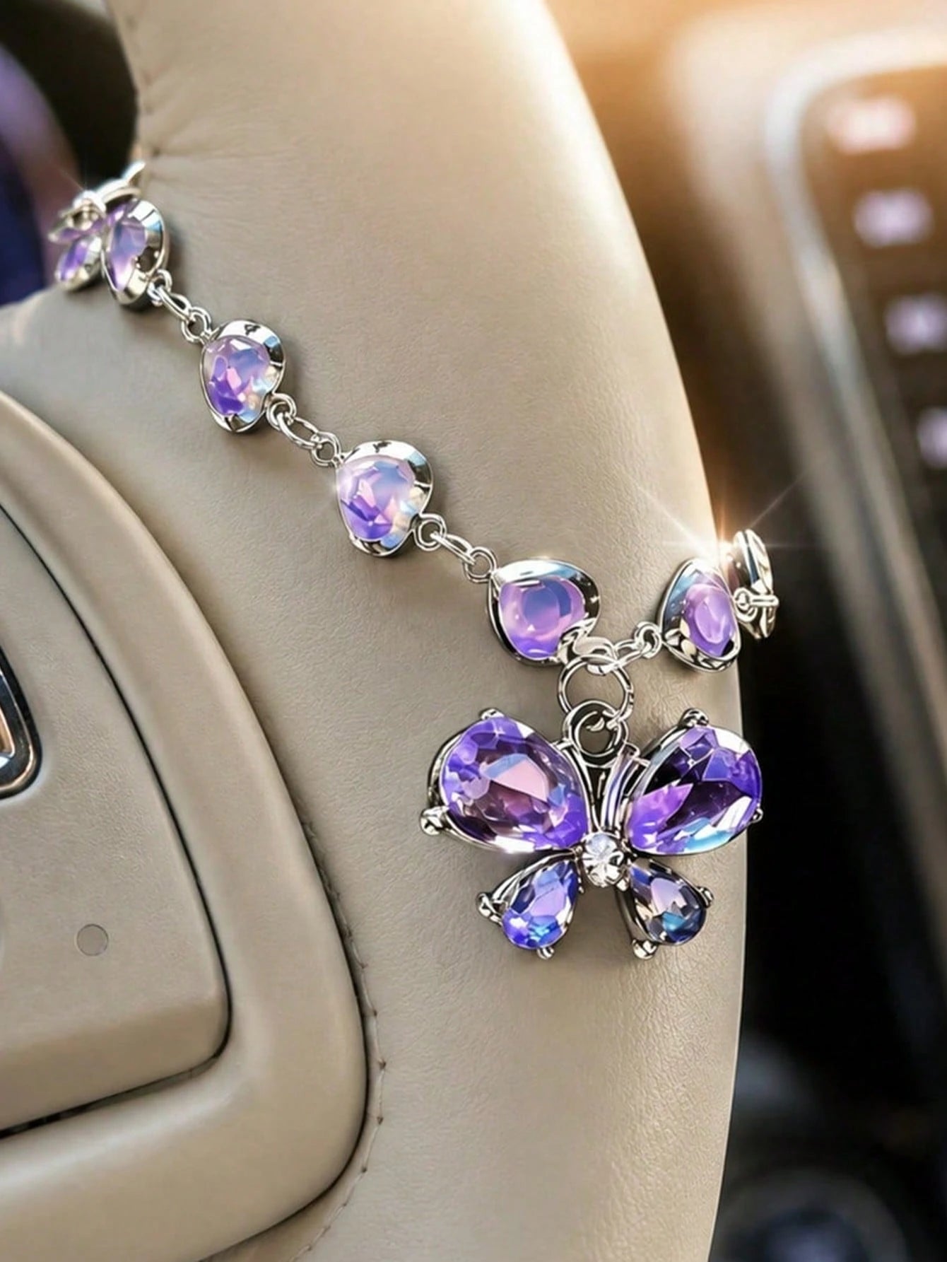 1Pc Purple Rhinestone Butterfly & Heart Car Hanging Ornament, Elegant Crystal Pendant For Rearview Mirror/Steering Wheel/Bag, Fashionable Gift For Valentine's Day & Parties,Stylish And Exquisite Decor