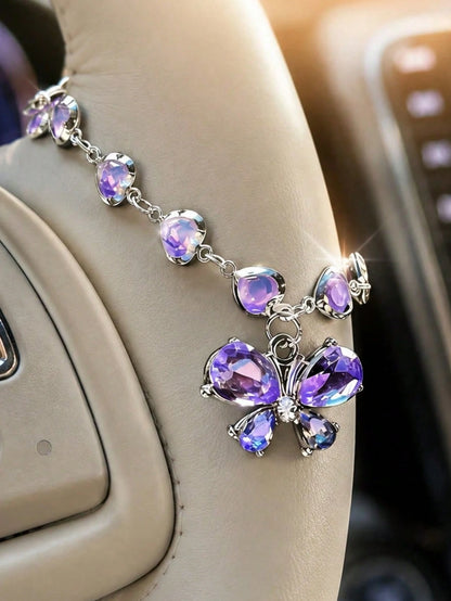 1Pc Purple Rhinestone Butterfly & Heart Car Hanging Ornament, Elegant Crystal Pendant For Rearview Mirror/Steering Wheel/Bag, Fashionable Gift For Valentine's Day & Parties,Stylish And Exquisite Decor