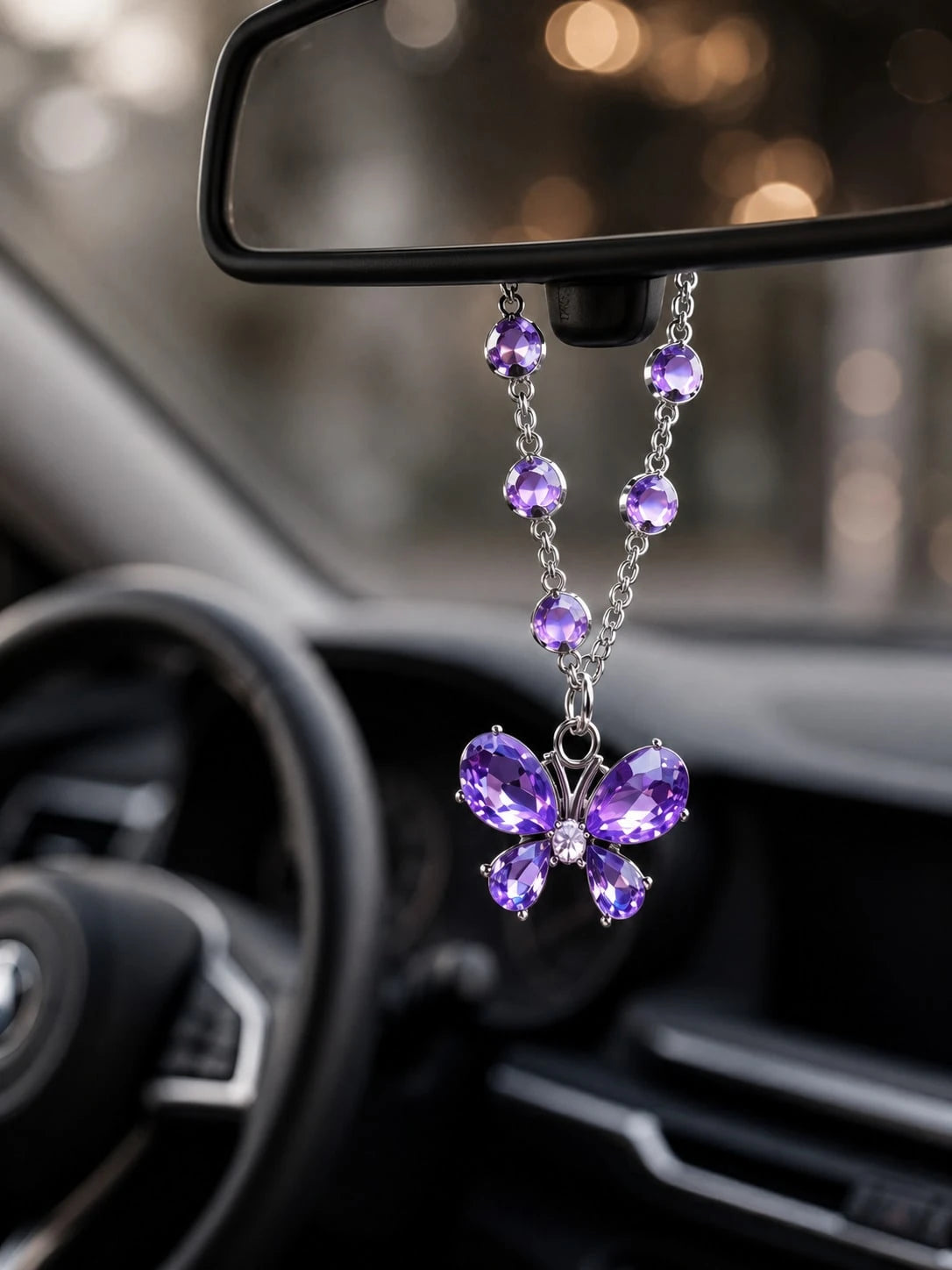 1Pc Purple Rhinestone Butterfly & Heart Car Hanging Ornament, Elegant Crystal Pendant For Rearview Mirror/Steering Wheel/Bag, Fashionable Gift For Valentine's Day & Parties,Stylish And Exquisite Decor