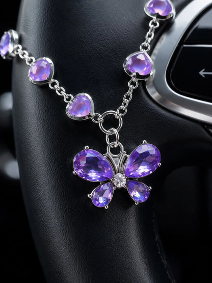 1Pc Purple Rhinestone Butterfly & Heart Car Hanging Ornament, Elegant Crystal Pendant For Rearview Mirror/Steering Wheel/Bag, Fashionable Gift For Valentine's Day & Parties,Stylish And Exquisite Decor