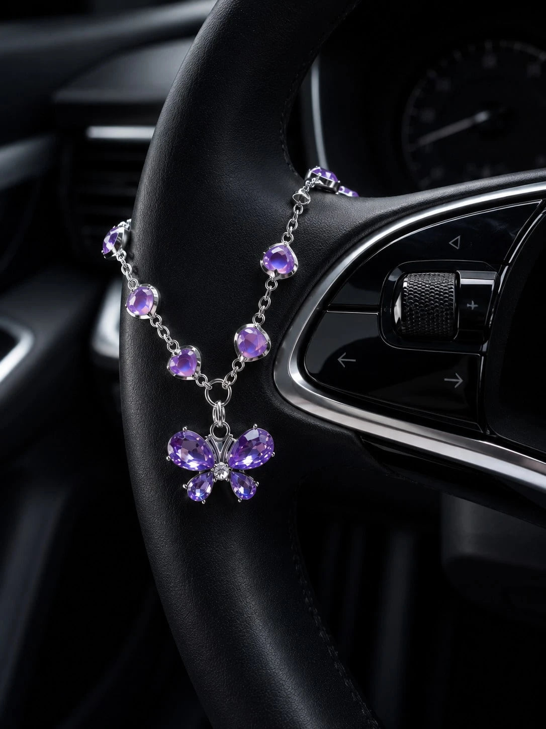 1Pc Purple Rhinestone Butterfly & Heart Car Hanging Ornament, Elegant Crystal Pendant For Rearview Mirror/Steering Wheel/Bag, Fashionable Gift For Valentine's Day & Parties,Stylish And Exquisite Decor