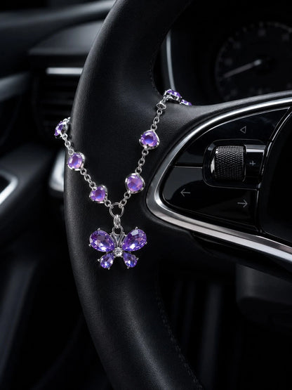 1Pc Purple Rhinestone Butterfly & Heart Car Hanging Ornament, Elegant Crystal Pendant For Rearview Mirror/Steering Wheel/Bag, Fashionable Gift For Valentine's Day & Parties,Stylish And Exquisite Decor