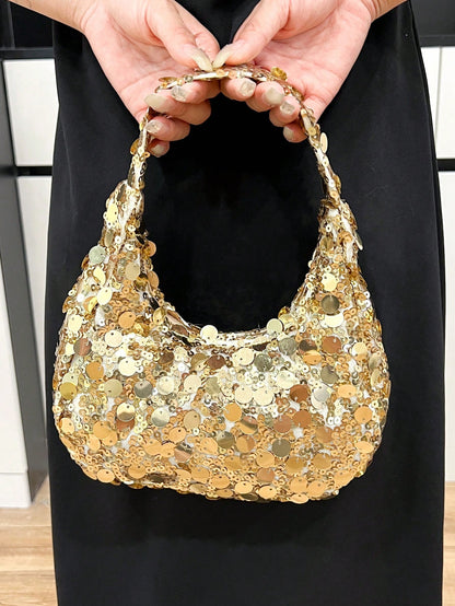 1pc Quilted Zipper Closure PVC Sequin Crescent Bag, Fashion Design Tote Sequin Bag For Women, Stylish Clutch Evening Bag, New Versatile Shiny Large Capacity Party Bag, Luminous Semicircle Clutch Suita