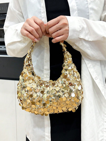 1pc Quilted Zipper Closure PVC Sequin Crescent Bag, Fashion Design Tote Sequin Bag For Women, Stylish Clutch Evening Bag, New Versatile Shiny Large Capacity Party Bag, Luminous Semicircle Clutch Suita