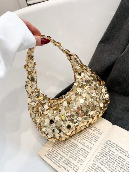 1pc Quilted Zipper Closure PVC Sequin Crescent Bag, Fashion Design Tote Sequin Bag For Women, Stylish Clutch Evening Bag, New Versatile Shiny Large Capacity Party Bag, Luminous Semicircle Clutch Suita