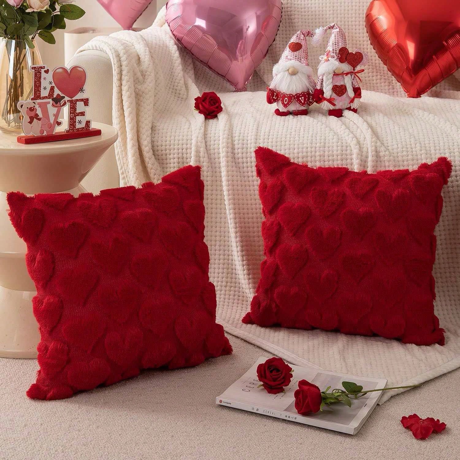 1pc Red Heart Plush Throw Pillow Cover, Soft Sofa Cushion Cover, Suitable For Living Room, Bedroom, Sofa, Home Decor