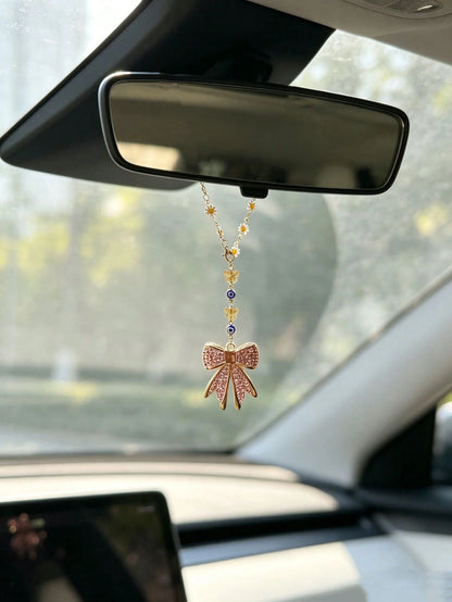 1pc Rhinestone Bowknot Butterfly Evil Eye Daisy Chain Car Rearview Mirror Hanging Ornament, Elegant Style Auto Interior Decor Vehicle Accessory