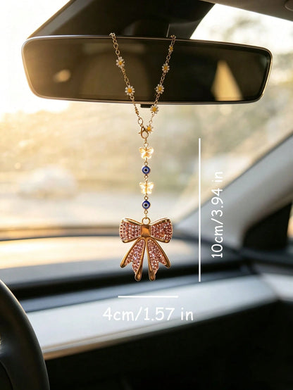 1pc Rhinestone Bowknot Butterfly Evil Eye Daisy Chain Car Rearview Mirror Hanging Ornament, Elegant Style Auto Interior Decor Vehicle Accessory