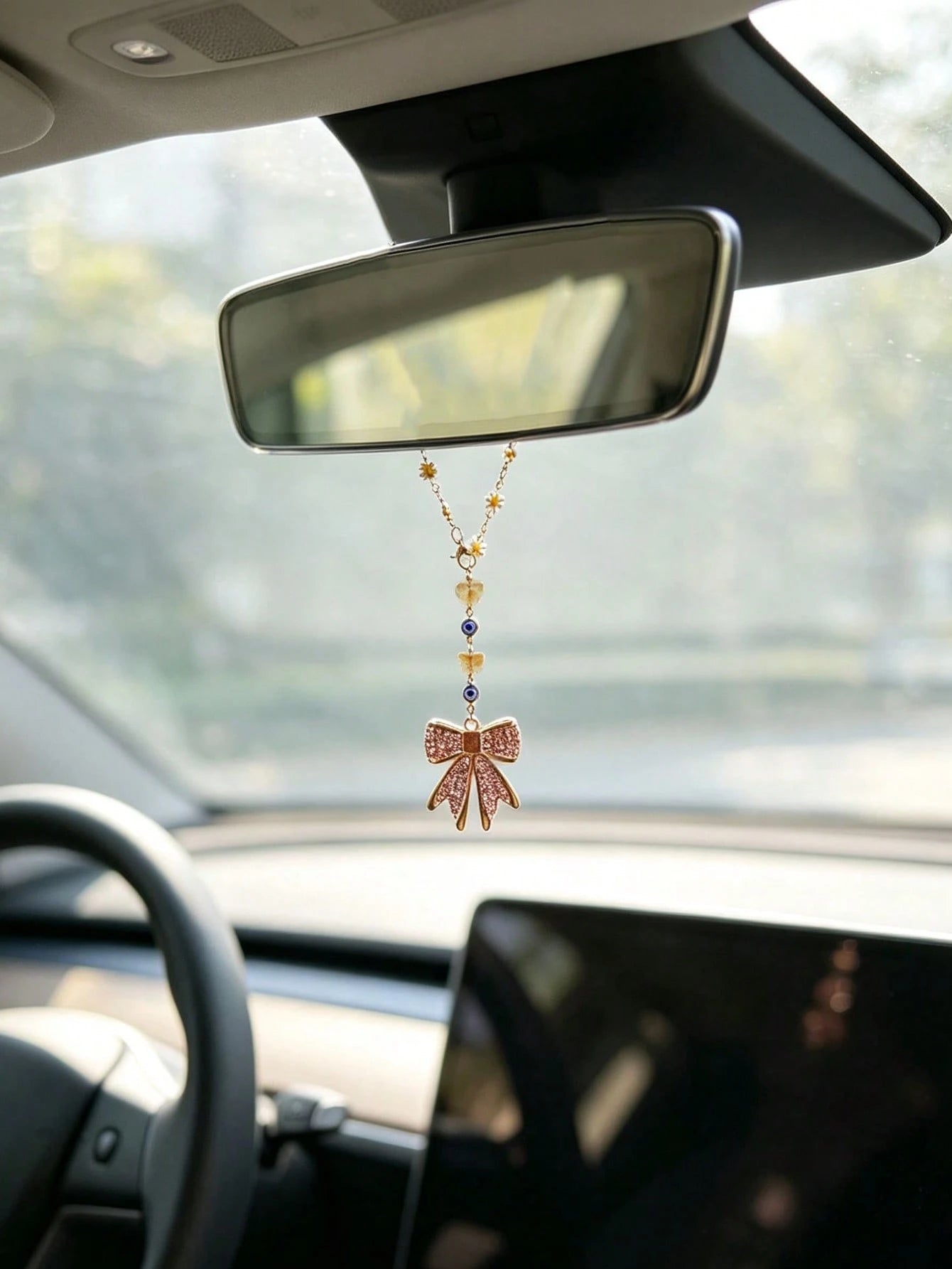 1pc Rhinestone Bowknot Butterfly Evil Eye Daisy Chain Car Rearview Mirror Hanging Ornament, Elegant Style Auto Interior Decor Vehicle Accessory