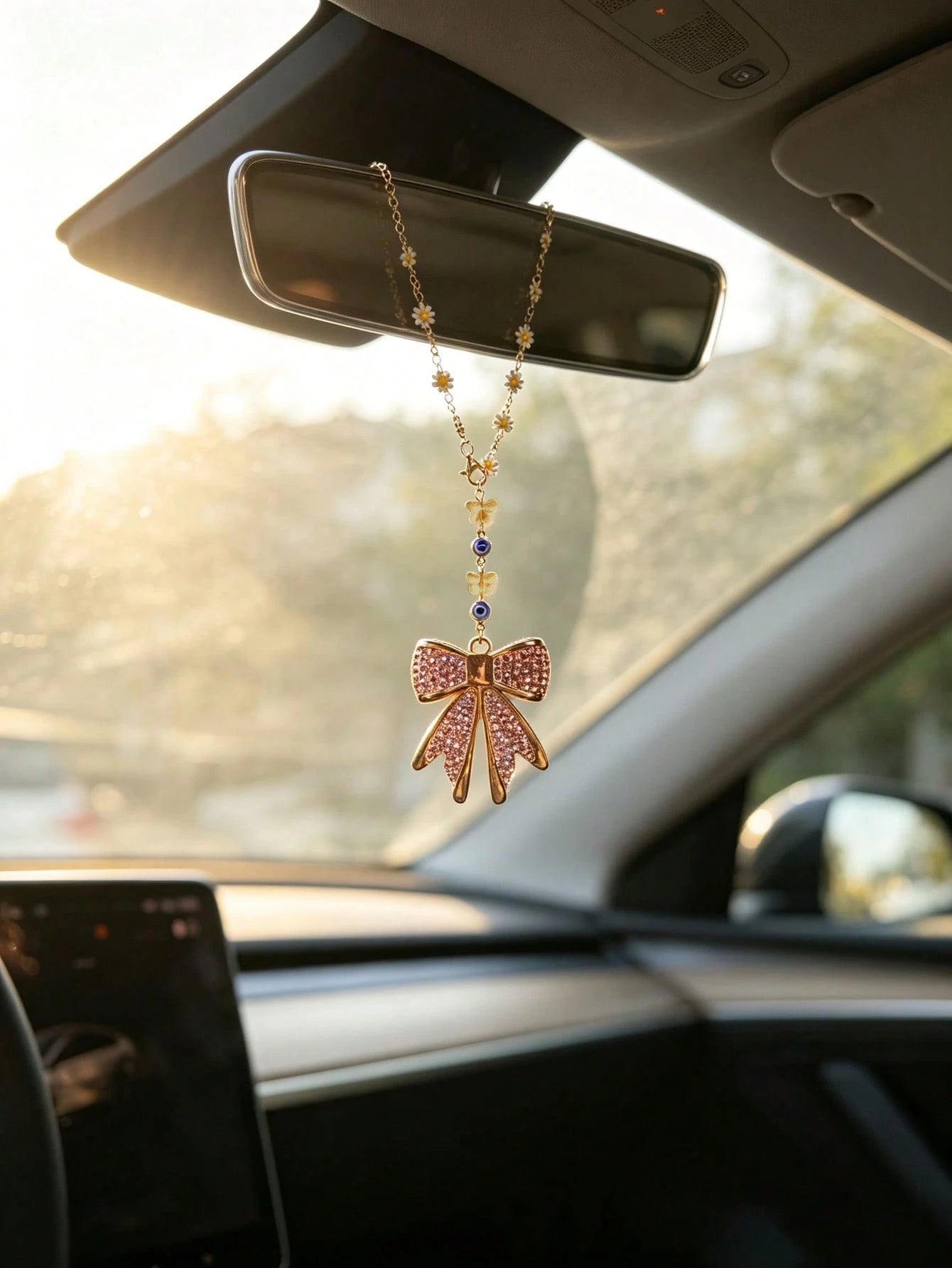 1pc Rhinestone Bowknot Butterfly Evil Eye Daisy Chain Car Rearview Mirror Hanging Ornament, Elegant Style Auto Interior Decor Vehicle Accessory