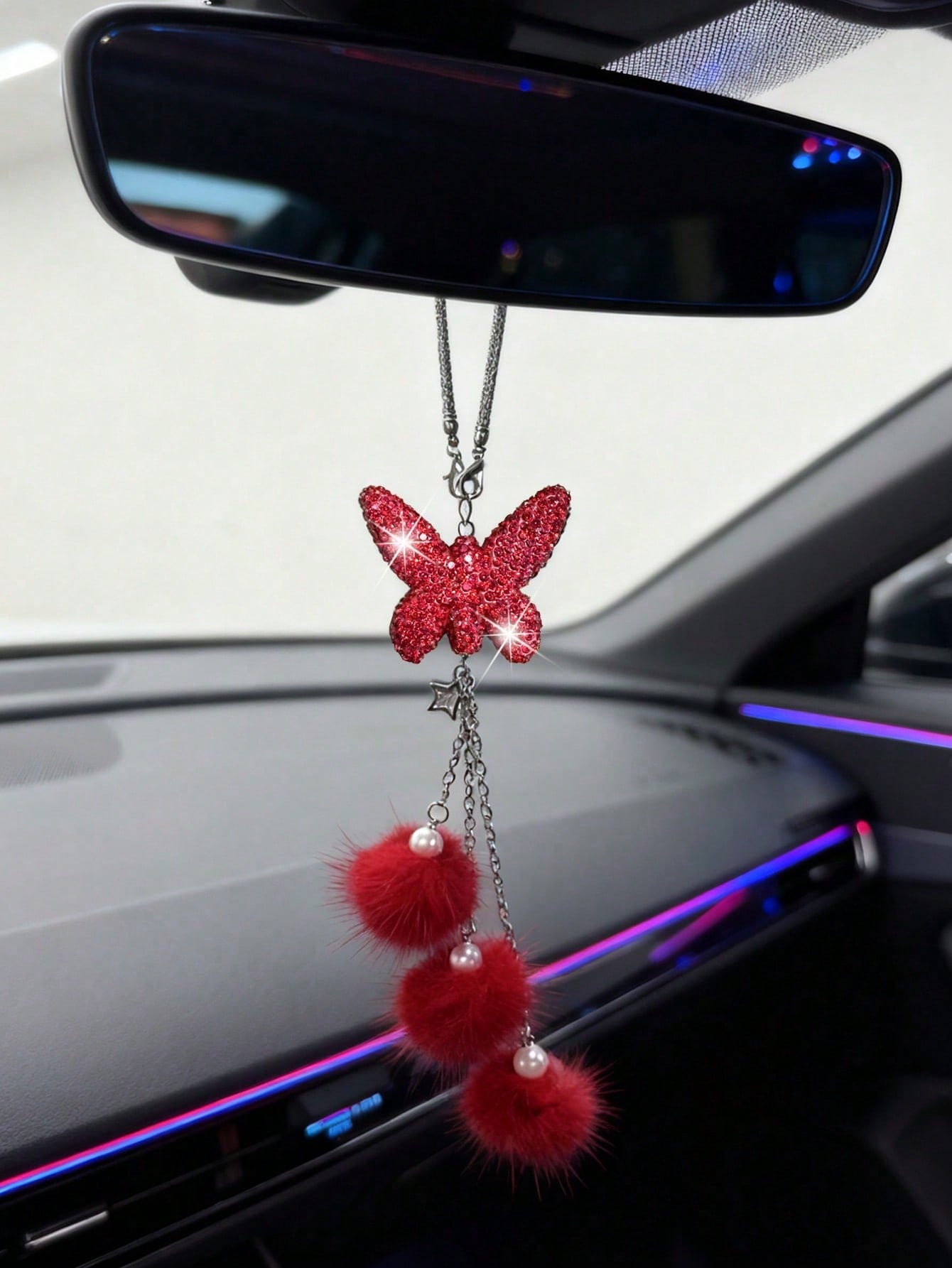 1pc Rhinestone Butterfly Pendant Car Rearview Mirror Decoration, Women's Car Accessory