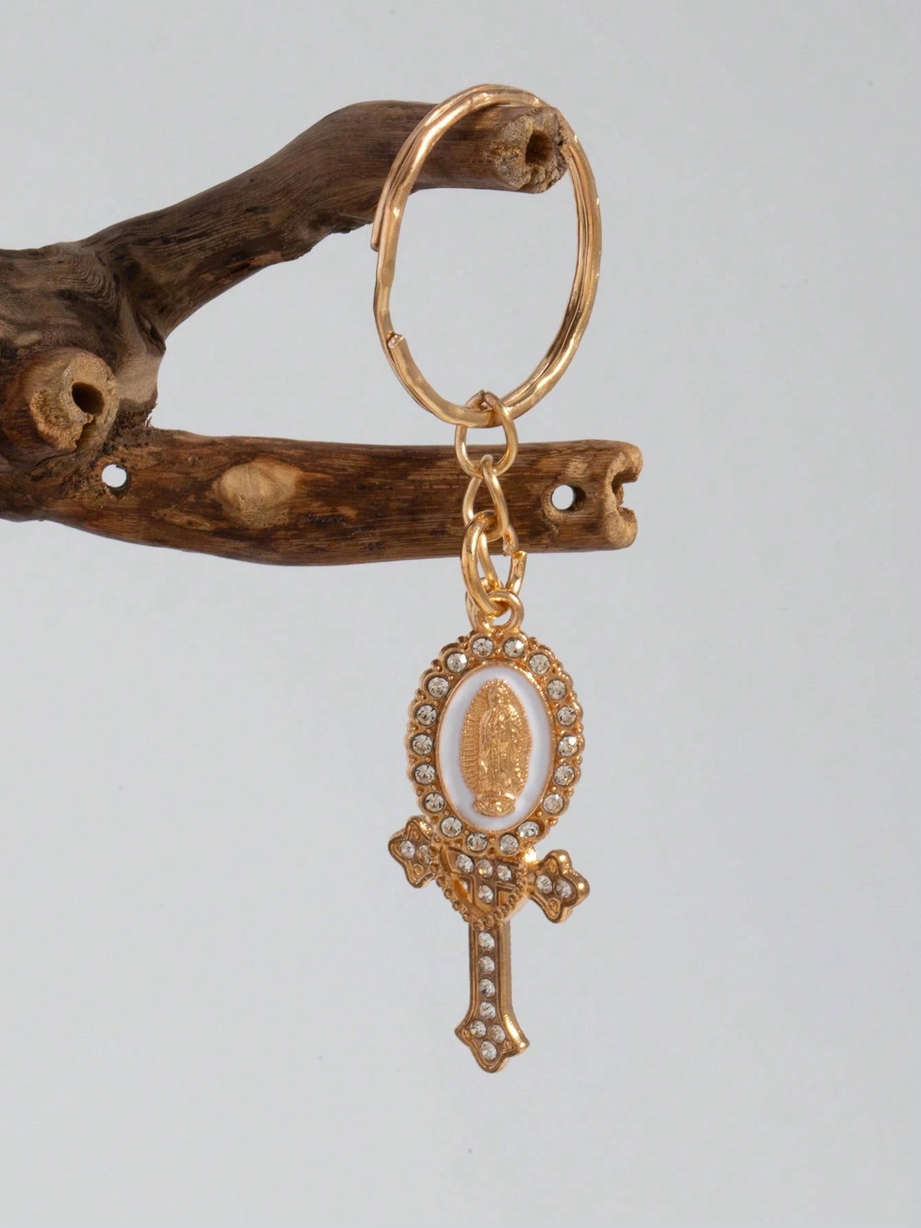 1pc Rhinestone Cross & Virgin Mary Keychain, Alloy Key Ring Bag Charm, Religious Christian Accessory