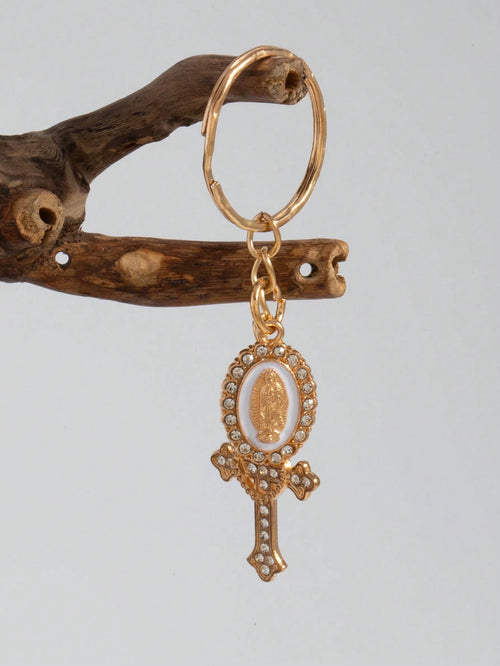 1pc Rhinestone Cross & Virgin Mary Keychain, Alloy Key Ring Bag Charm, Religious Christian Accessory