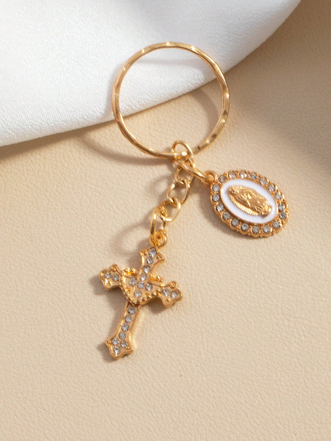 1pc Rhinestone Cross & Virgin Mary Keychain, Alloy Key Ring Bag Charm, Religious Christian Accessory