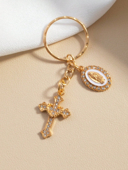 1pc Rhinestone Cross & Virgin Mary Keychain, Alloy Key Ring Bag Charm, Religious Christian Accessory