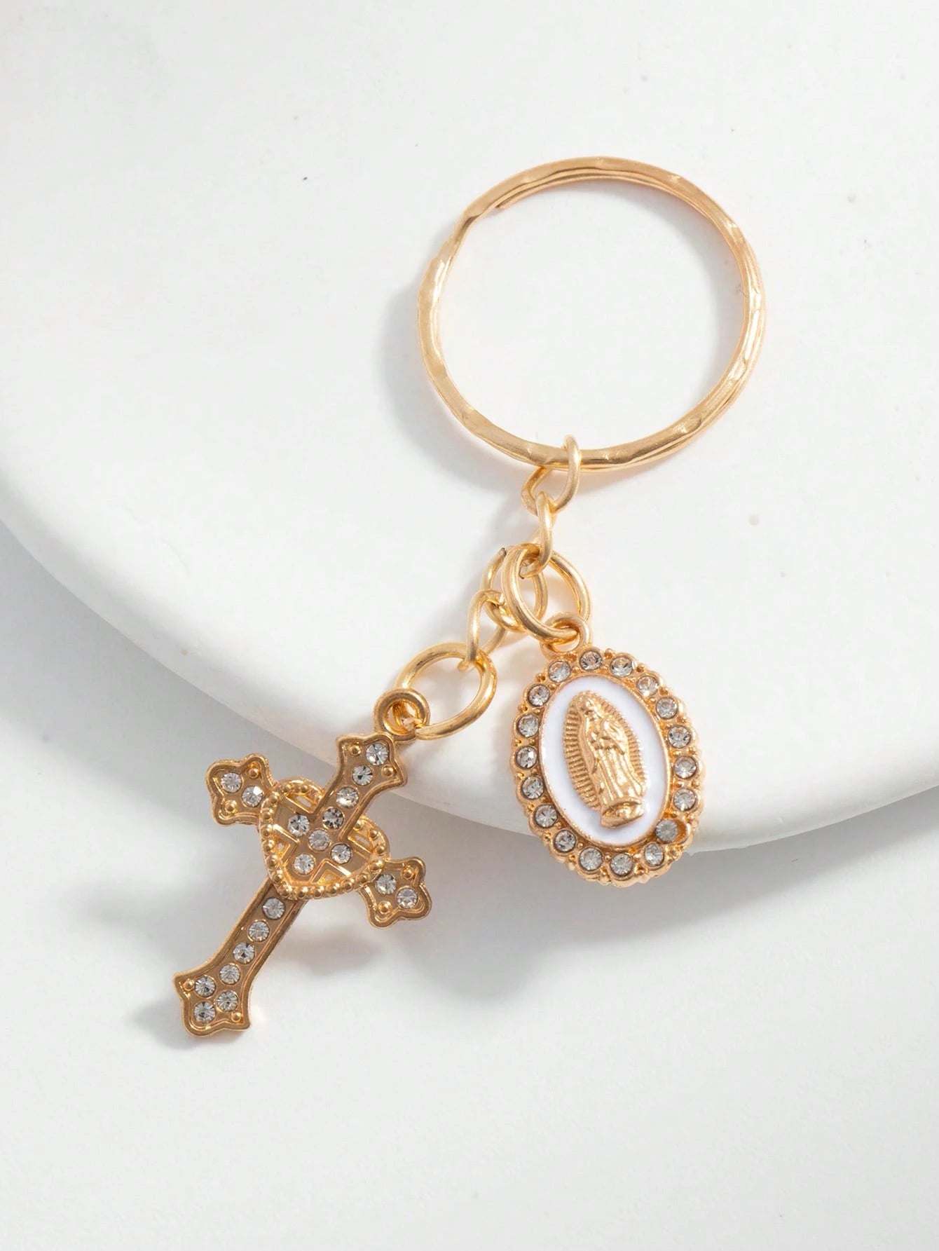 1pc Rhinestone Cross & Virgin Mary Keychain, Alloy Key Ring Bag Charm, Religious Christian Accessory
