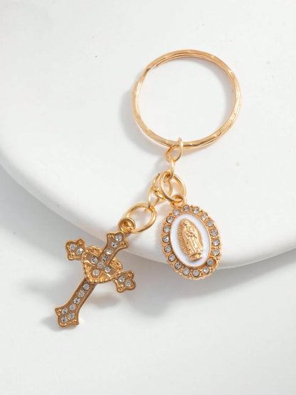 1pc Rhinestone Cross & Virgin Mary Keychain, Alloy Key Ring Bag Charm, Religious Christian Accessory