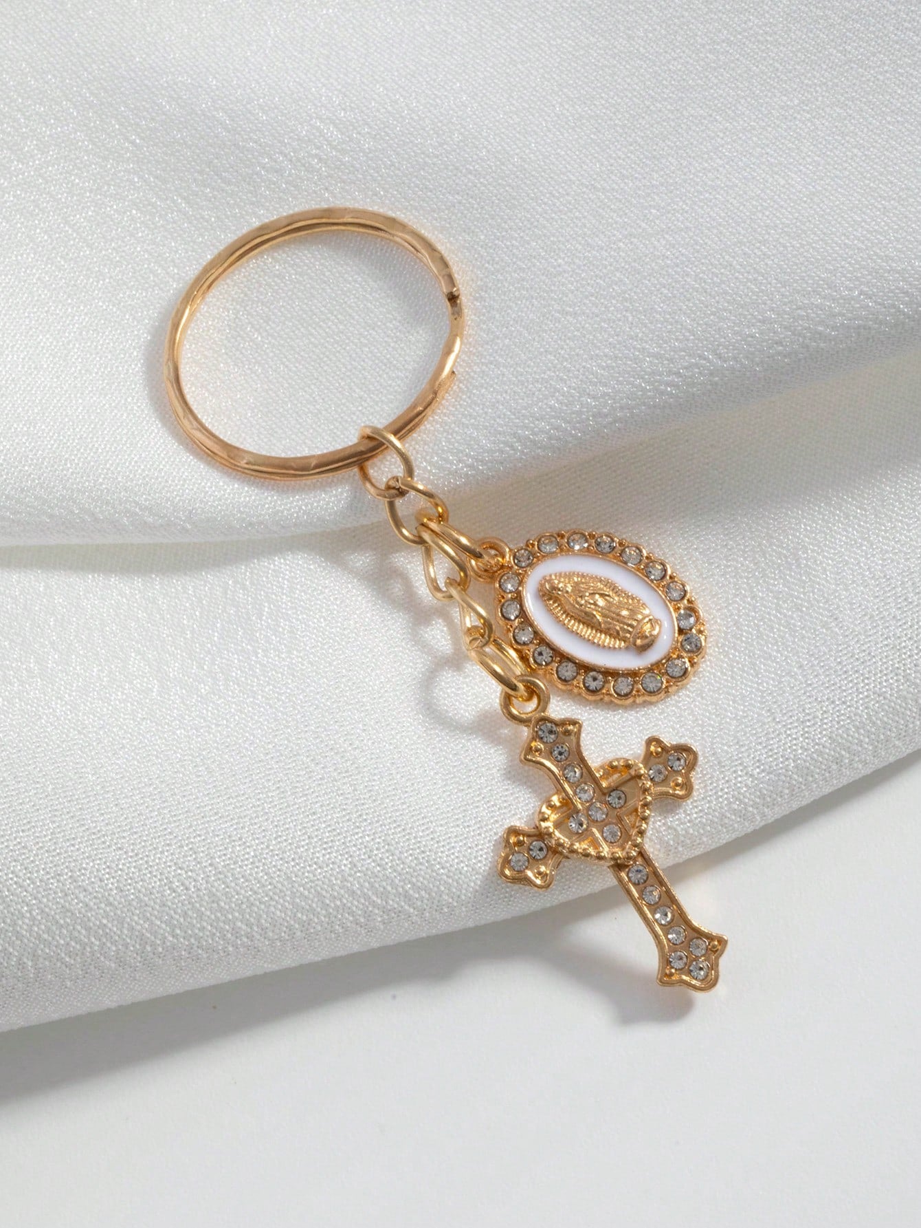 1pc Rhinestone Cross & Virgin Mary Keychain, Alloy Key Ring Bag Charm, Religious Christian Accessory