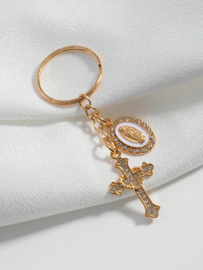 1pc Rhinestone Cross & Virgin Mary Keychain, Alloy Key Ring Bag Charm, Religious Christian Accessory
