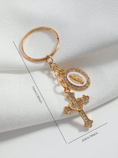 1pc Rhinestone Cross & Virgin Mary Keychain, Alloy Key Ring Bag Charm, Religious Christian Accessory