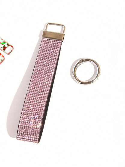 1pc Rhinestone Embellished Bling Sparkly Wristlet Keychain With Split Ring, Wristlet Keyring For Handbag And Keychain