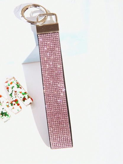 1pc Rhinestone Embellished Bling Sparkly Wristlet Keychain With Split Ring, Wristlet Keyring For Handbag And Keychain