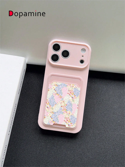 1pc Shockproof Full Coverage Silicone + TPU Liquid Phone Case With Card Holder Set, Cartoon Flower Color Block Patchwork Pattern, UV Printing, Compatible With Apple XS/XS Max/XR/11/12/13/14/15/16/17 P