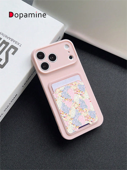 1pc Shockproof Full Coverage Silicone + TPU Liquid Phone Case With Card Holder Set, Cartoon Flower Color Block Patchwork Pattern, UV Printing, Compatible With Apple XS/XS Max/XR/11/12/13/14/15/16/17 P